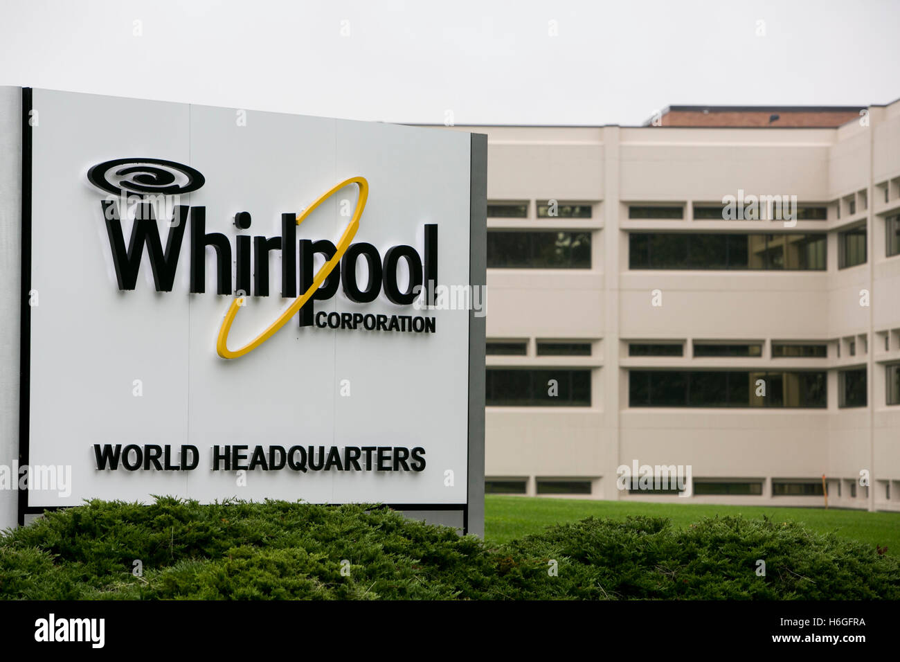 A logo sign outside of the headquarters of The Whirlpool Corporation in Benton Harbor, Michigan on October 16, 2016. Stock Photo