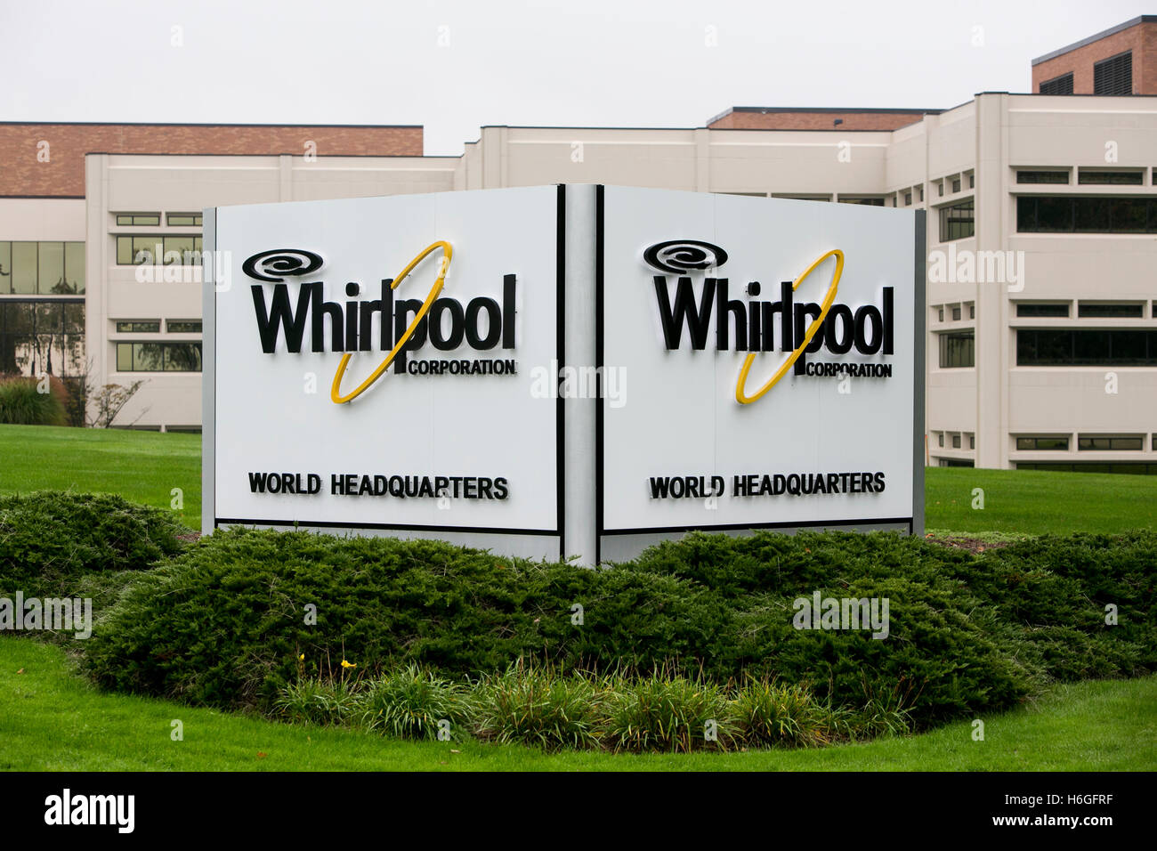 A logo sign outside of the headquarters of The Whirlpool Corporation in Benton Harbor, Michigan on October 16, 2016. Stock Photo