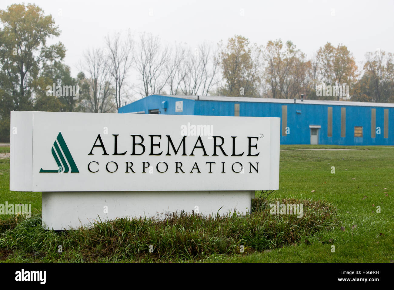 A logo sign outside of a facility occupied by the Albemarle Corporation in South Haven, Michigan on October 16, 2016. Stock Photo