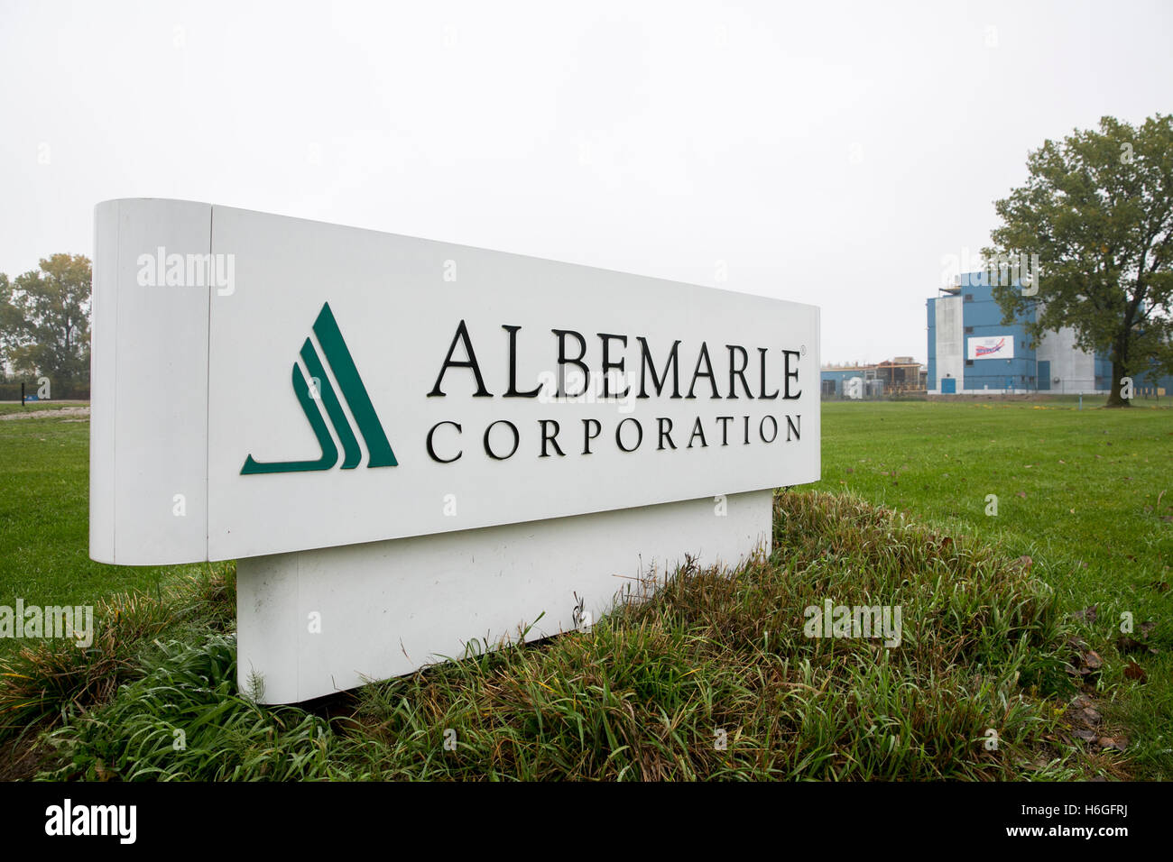 A logo sign outside of a facility occupied by the Albemarle Corporation in South Haven, Michigan on October 16, 2016. Stock Photo