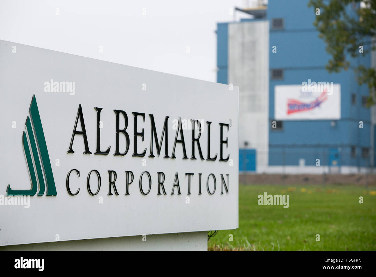 A logo sign outside of a facility occupied by the Albemarle Corporation in South Haven, Michigan on October 16, 2016. Stock Photo