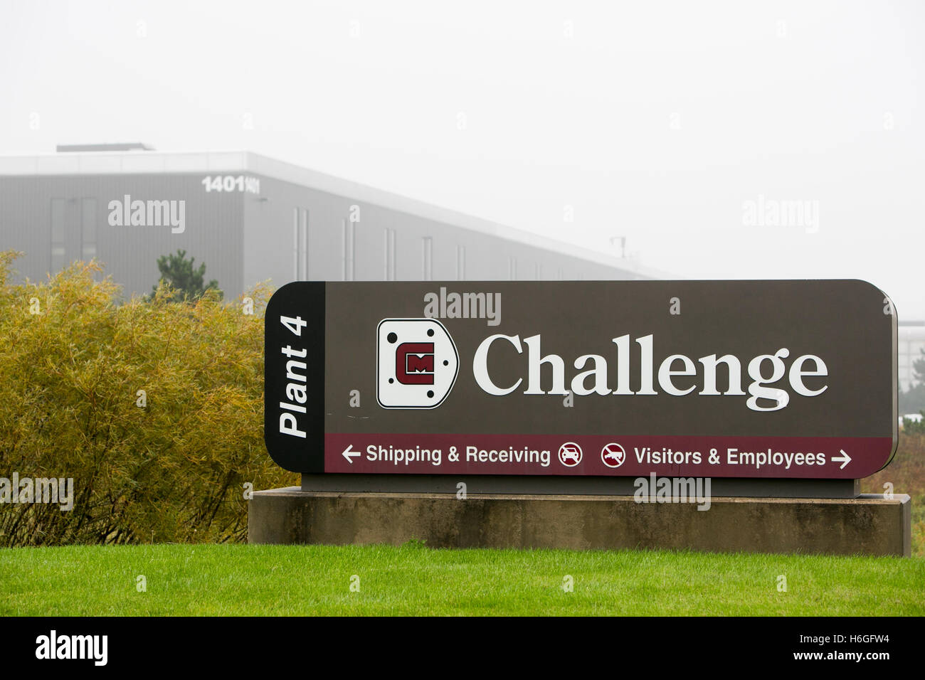 A logo sign outside of a facility occupied by Challenge Manufacturing in Holland, Michigan on October 16, 2016. Stock Photo