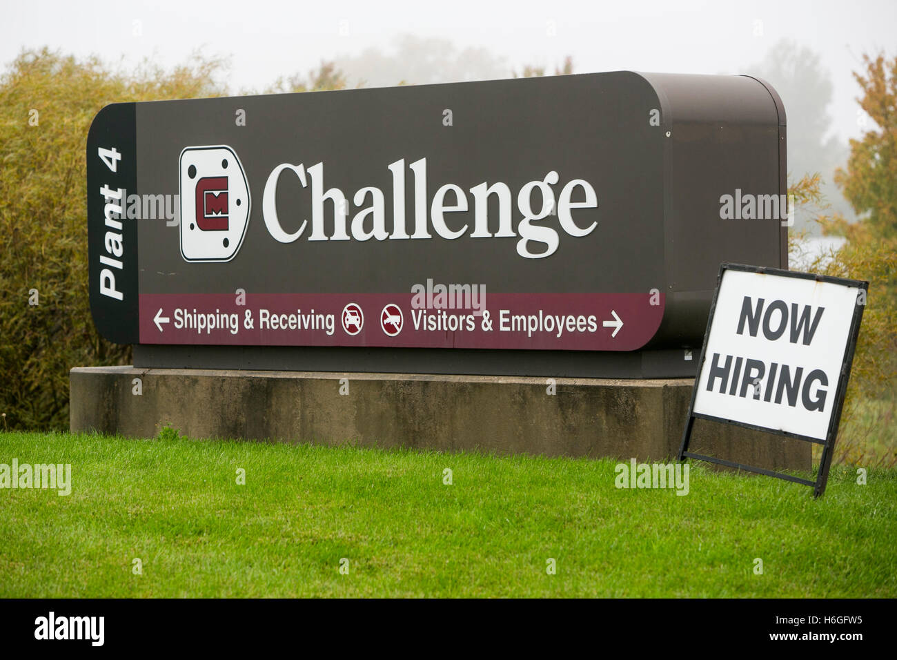 A logo sign outside of a facility occupied by Challenge Manufacturing in Holland, Michigan on October 16, 2016. Stock Photo