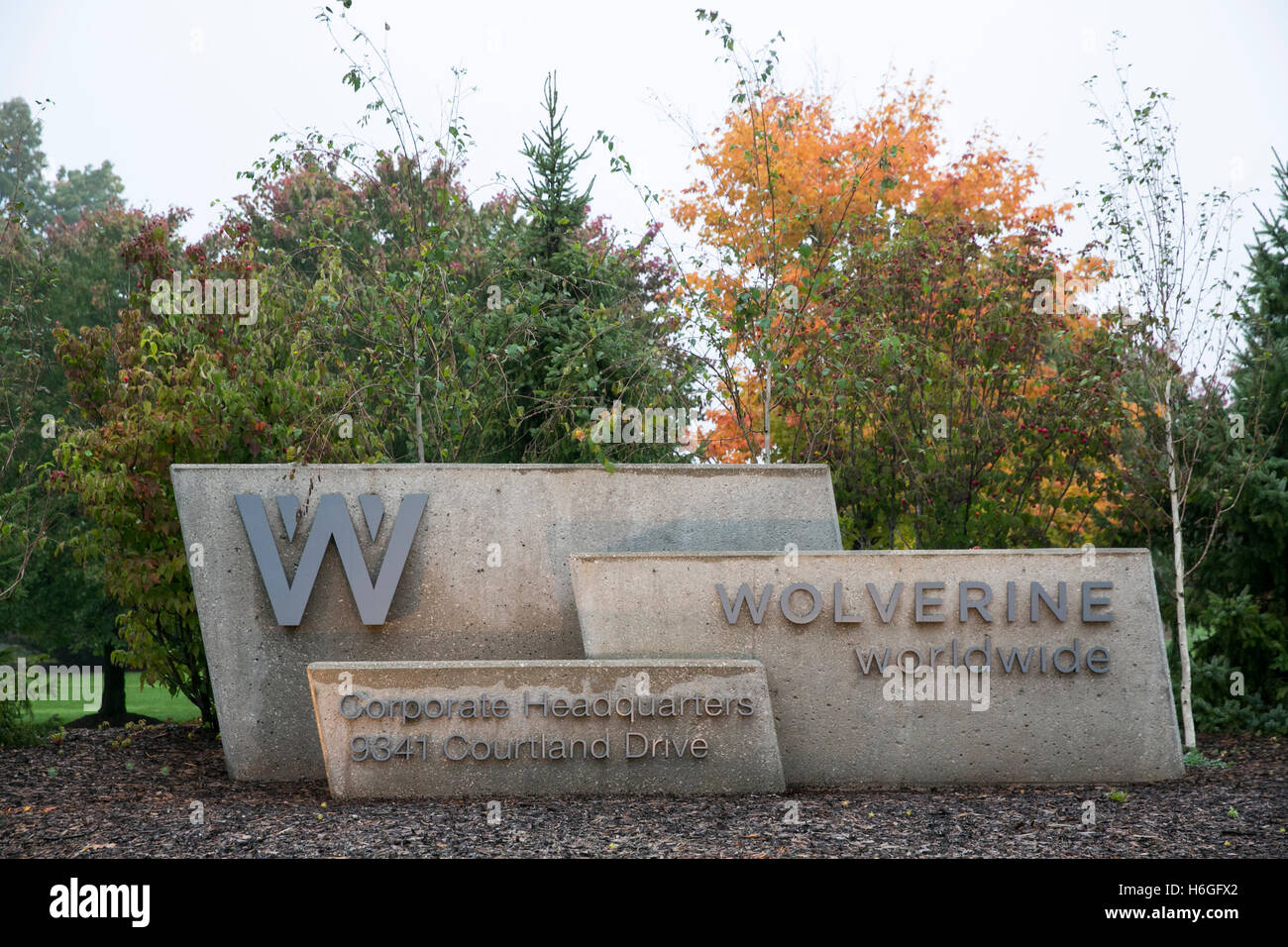 A logo sign outside of the headquarters of Wolverine Worldwide in