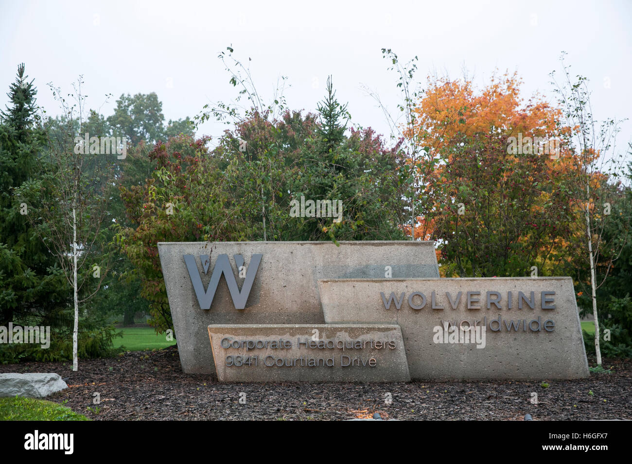 A logo sign outside of the headquarters of Wolverine Worldwide in