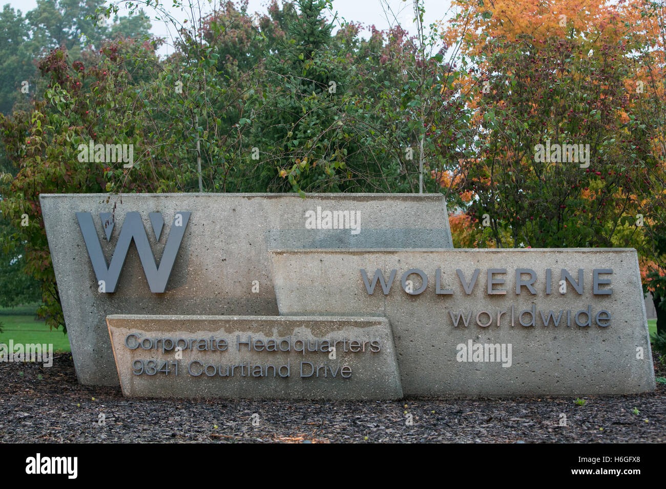 A logo sign outside of the headquarters of Wolverine Worldwide in