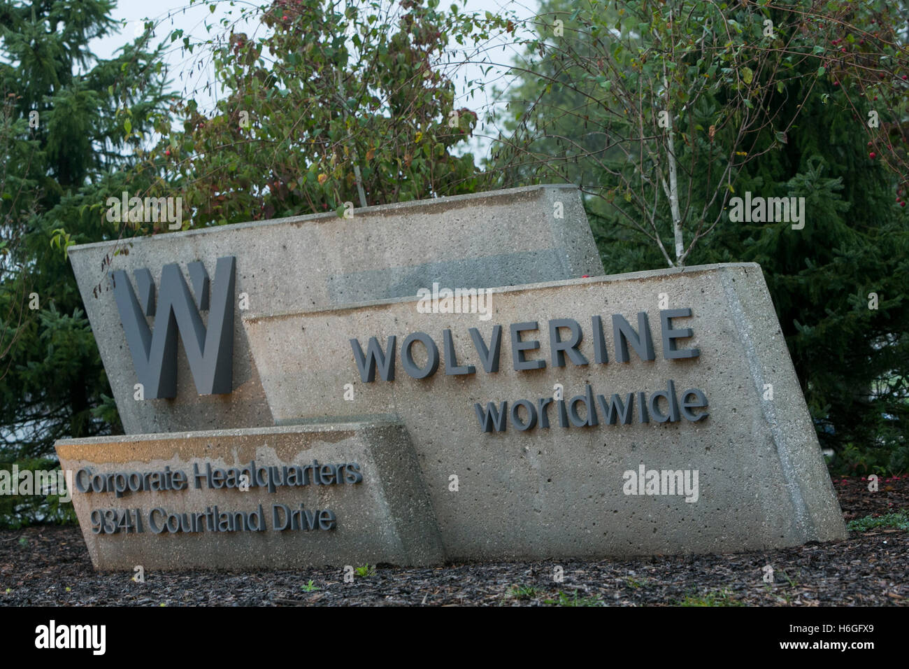 A logo sign outside of the headquarters of Wolverine Worldwide in