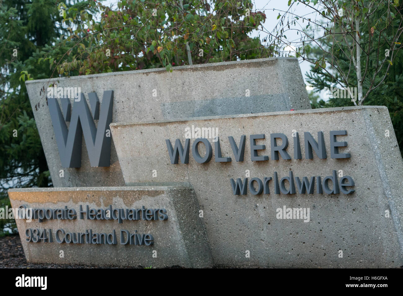 A logo sign outside of the headquarters of Wolverine Worldwide in