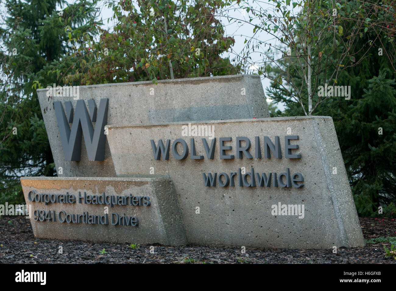 A logo sign outside of the headquarters of Wolverine Worldwide in Rockford, Michigan on October