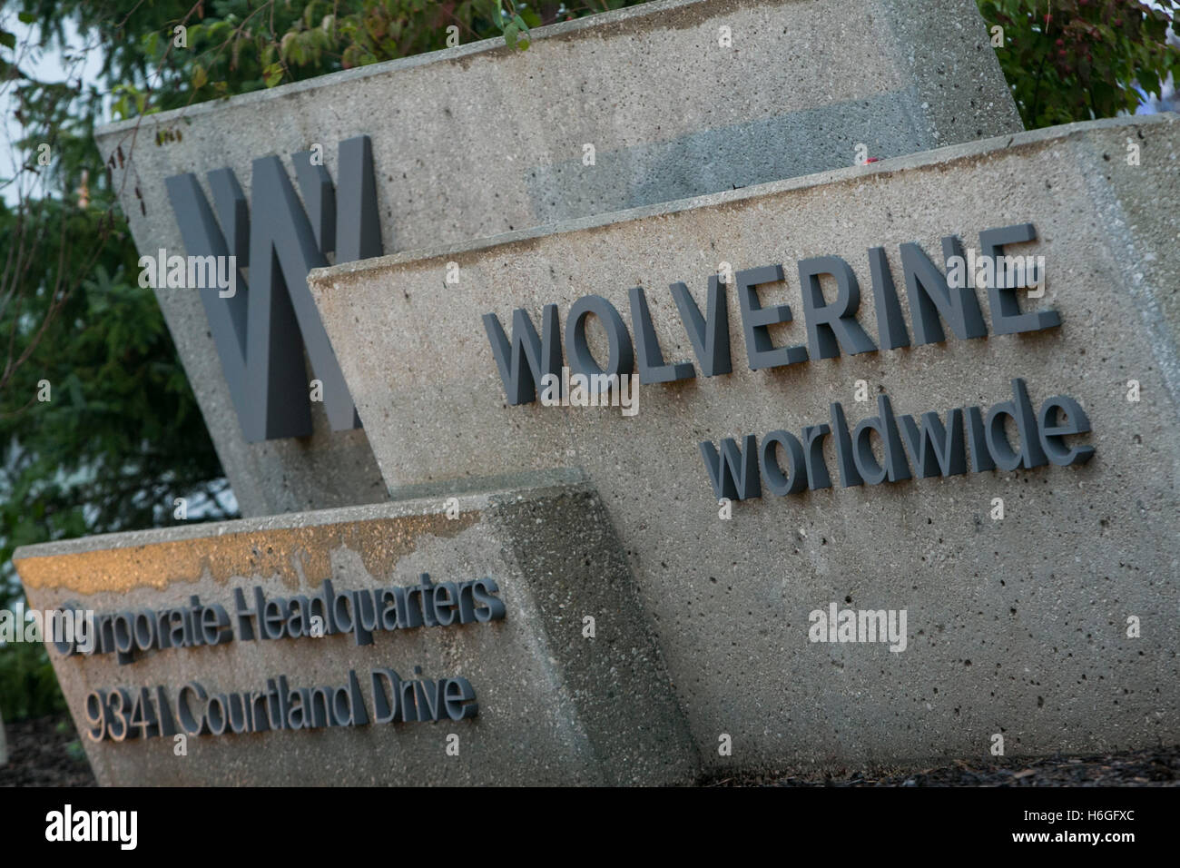 A logo sign outside of the headquarters of Wolverine Worldwide in Rockford, Michigan on October