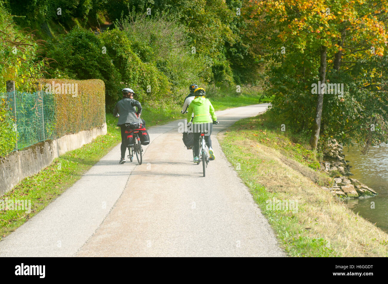 Cycling on the Danube bicycle Path between  Passau Germany and Schlogener Austria Stock Photo
