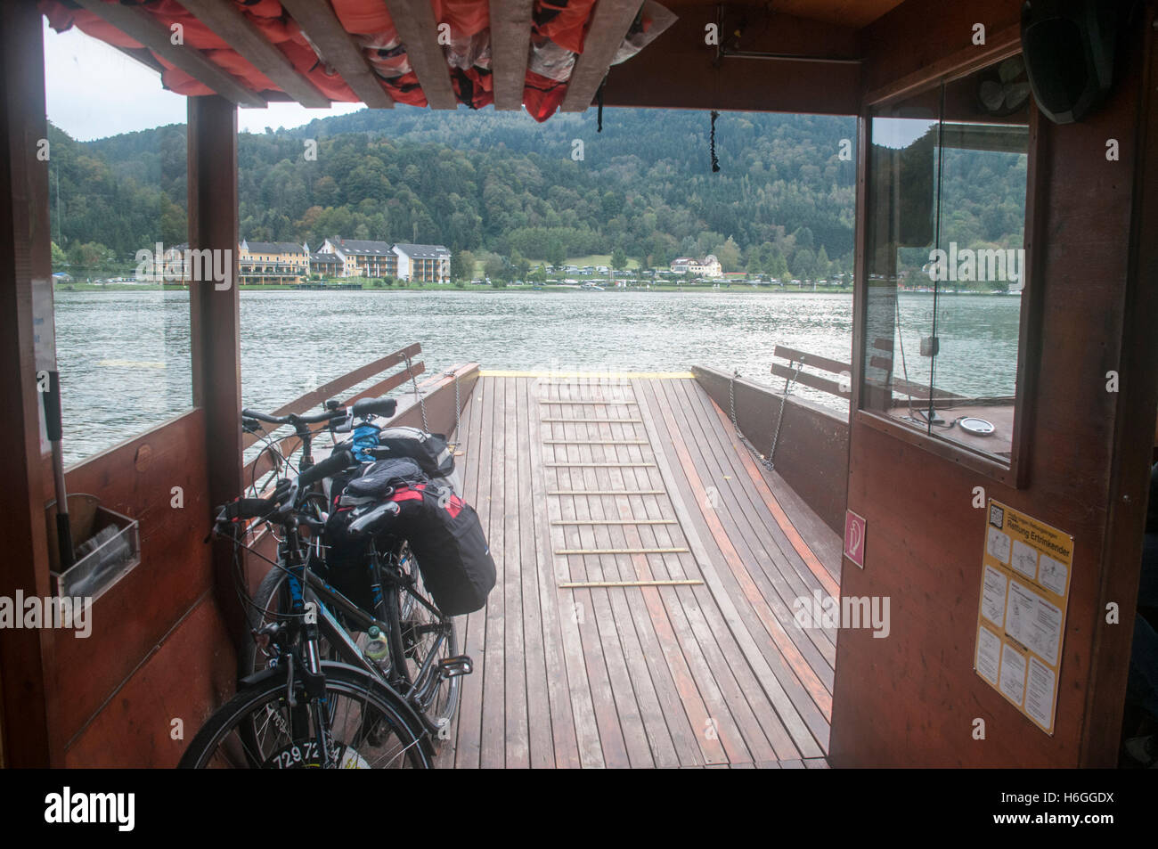 Danube river Ferry transporting bicycles at Schlogener Schlinge Austria Stock Photo