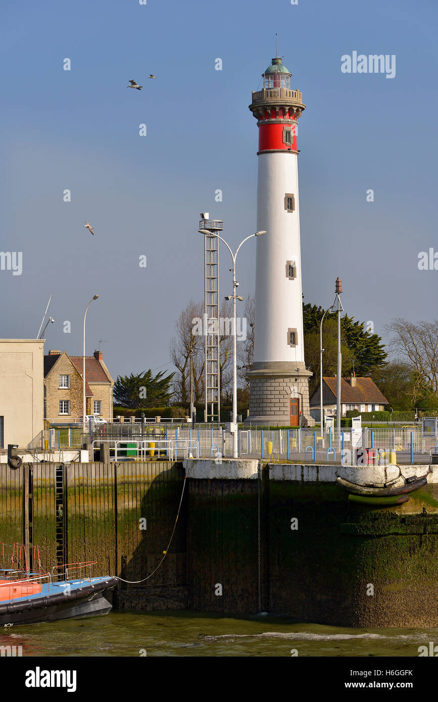 Lighthouse of Ouistreham at low tide in the Calvados department in the Basse-Normandie region in northwestern France. Stock Photo