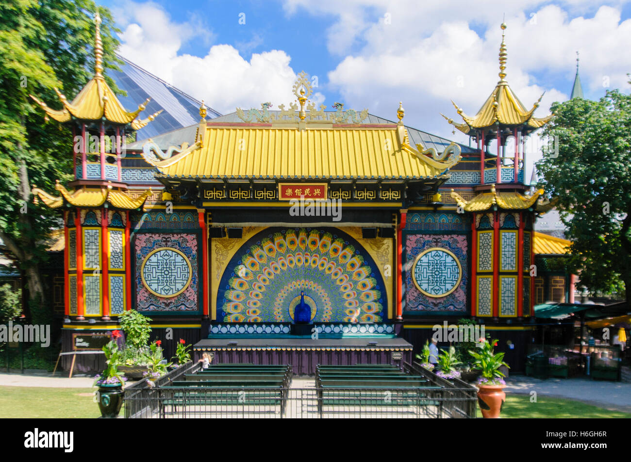 An outdoor Chinese theatre and stage in the Tivoli Gardens, Copenhagen. Stock Photo