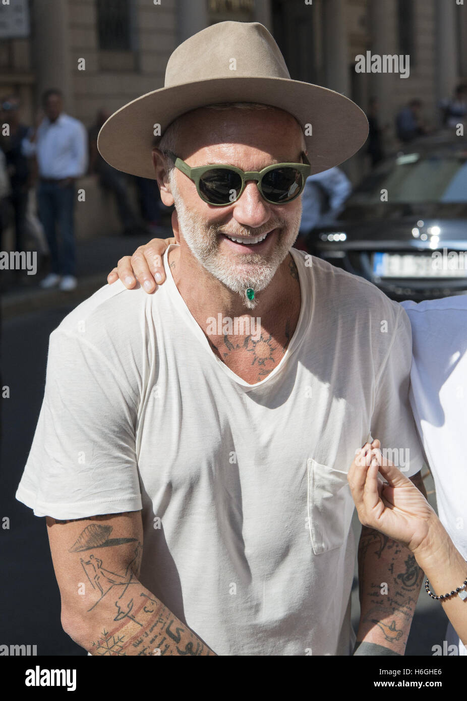 Gianluca Vacchi receives gifts from fans in the street and poses for  pictures whilst out in Milan, Italy Featuring: Gianluca Vacchi Where:  Milan, Italy When: 24 Sep 2016 Credit: IPA/WENN.com **Only available