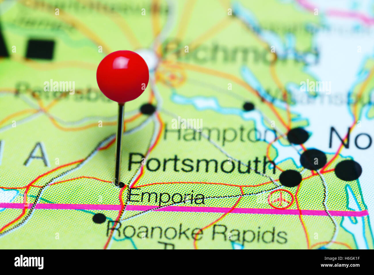 Emporia pinned on a map of Virginia, USA Stock Photo