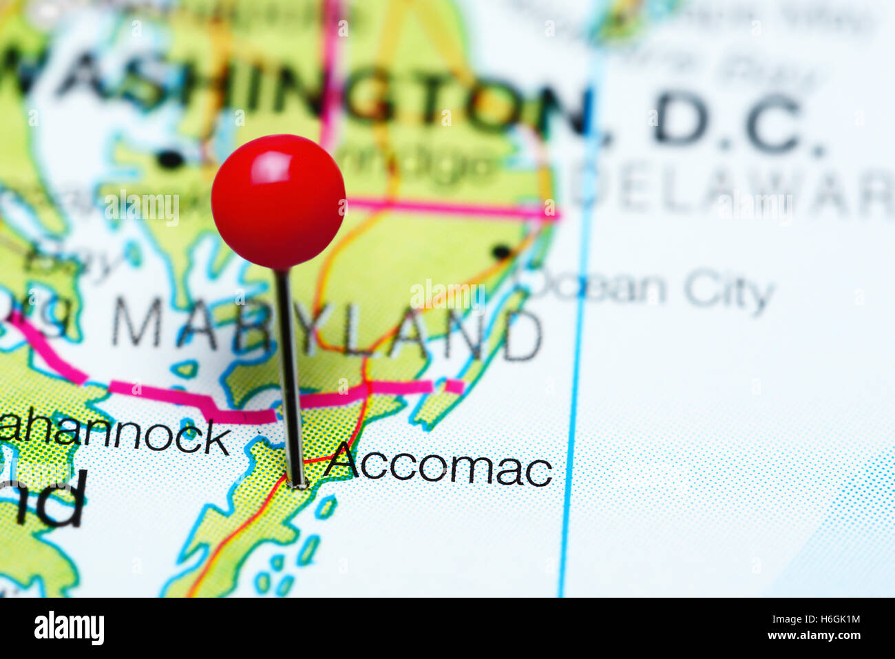 Accomac pinned on a map of Virginia, USA Stock Photo