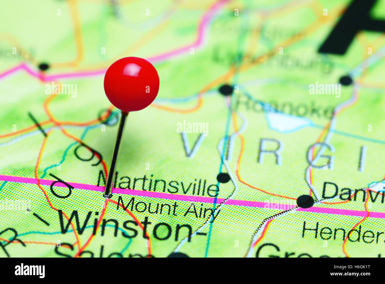 Mount Airy pinned on a map of Virginia, USA Stock Photo