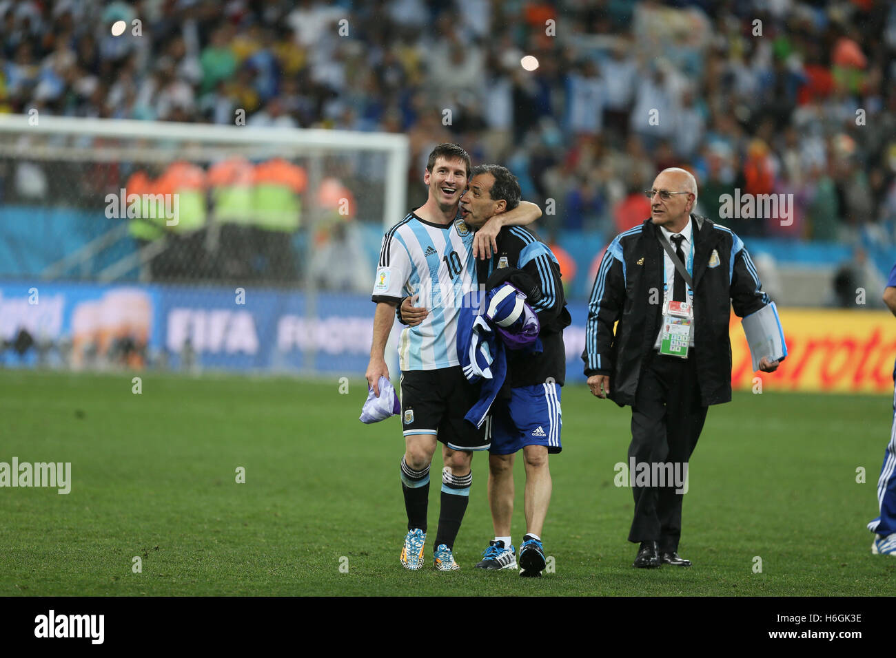 Maracana, Brazil, July, 10, 2014 Lionel Messi of Argentina the world’s best foot ball player being congratulated by his coach in Stock Photo