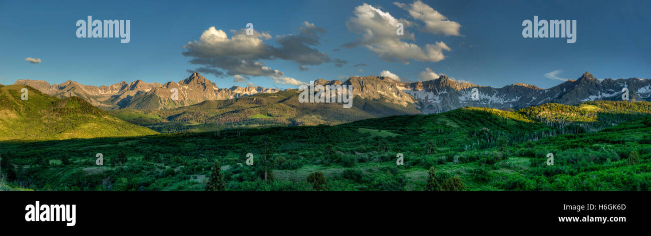 Panoramic shot of Southwestern Colorado's Sneffels Range.  The tallest peak on the left is Mount Sneffels Stock Photo