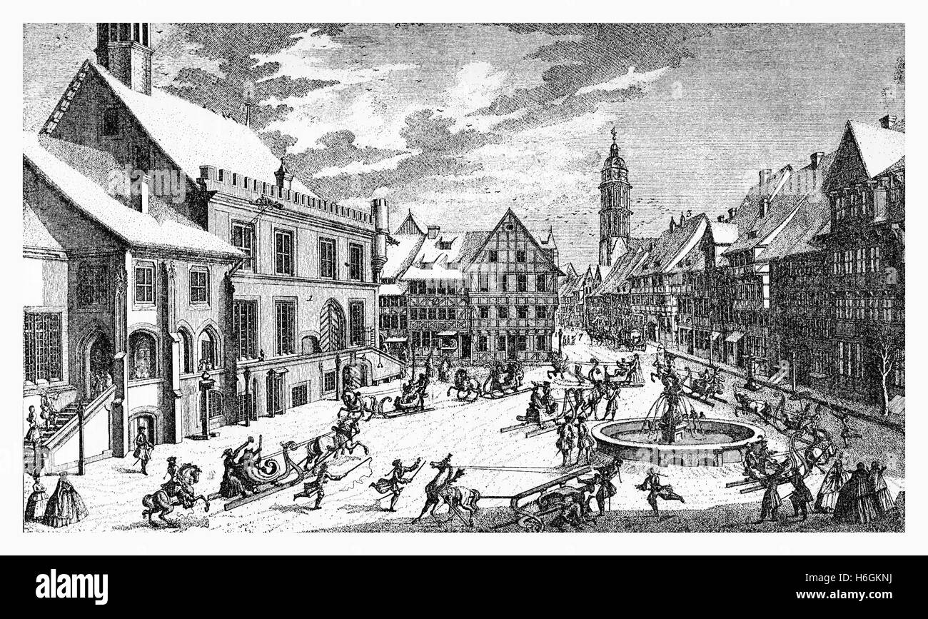 XVIII century, Goettingen cityscape, Market square with the city hall in winter Stock Photo