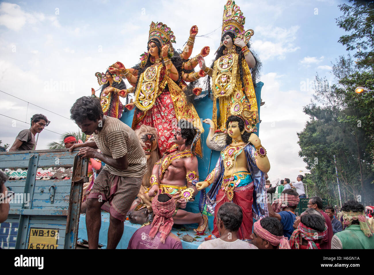 2016 ,Vijaya Dashami  Goddess Durga immersion  by physical lifting in the hooghly river at Babughat  Kolkata West Bengal  India Stock Photo