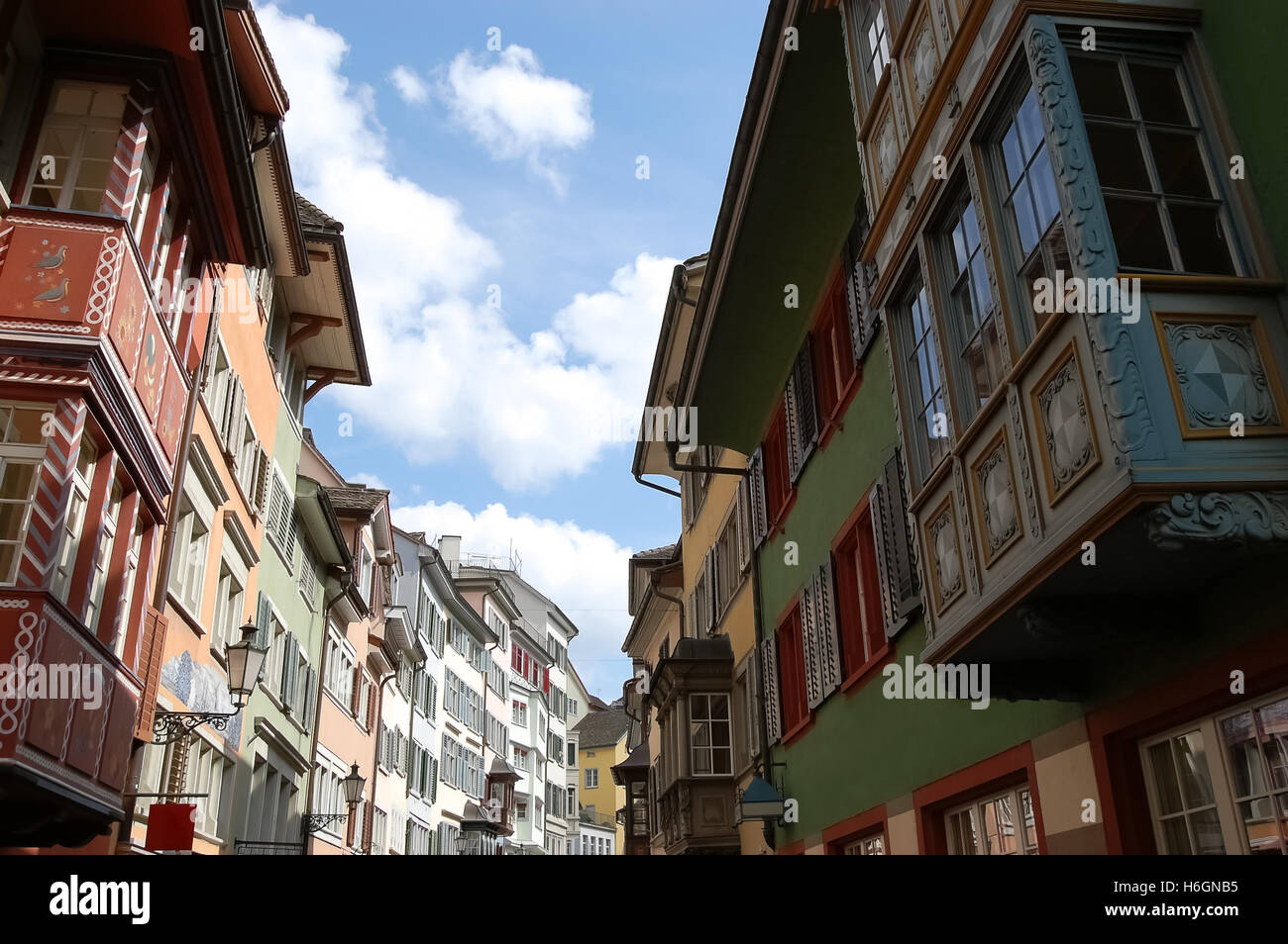 Street view with old houses in the Swiss city. Stock Photo