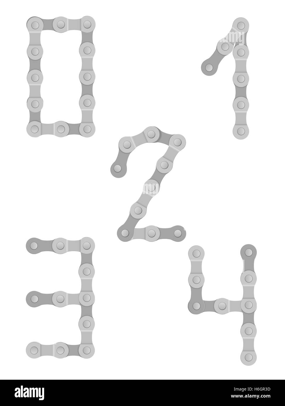 Cycling chain number 0 to 4 on a white background. Stock Photo