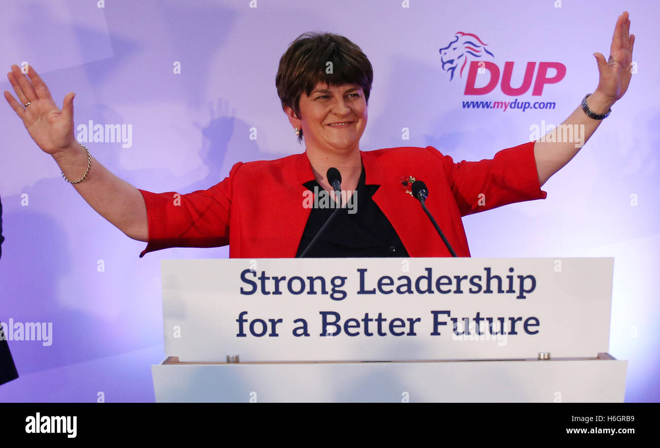 First Minister and DUP leader Arlene Foster delivers her keynote speech to delegates at the DUP annual conference at the La Mon Hotel in Dundonald, Belfast. Stock Photo