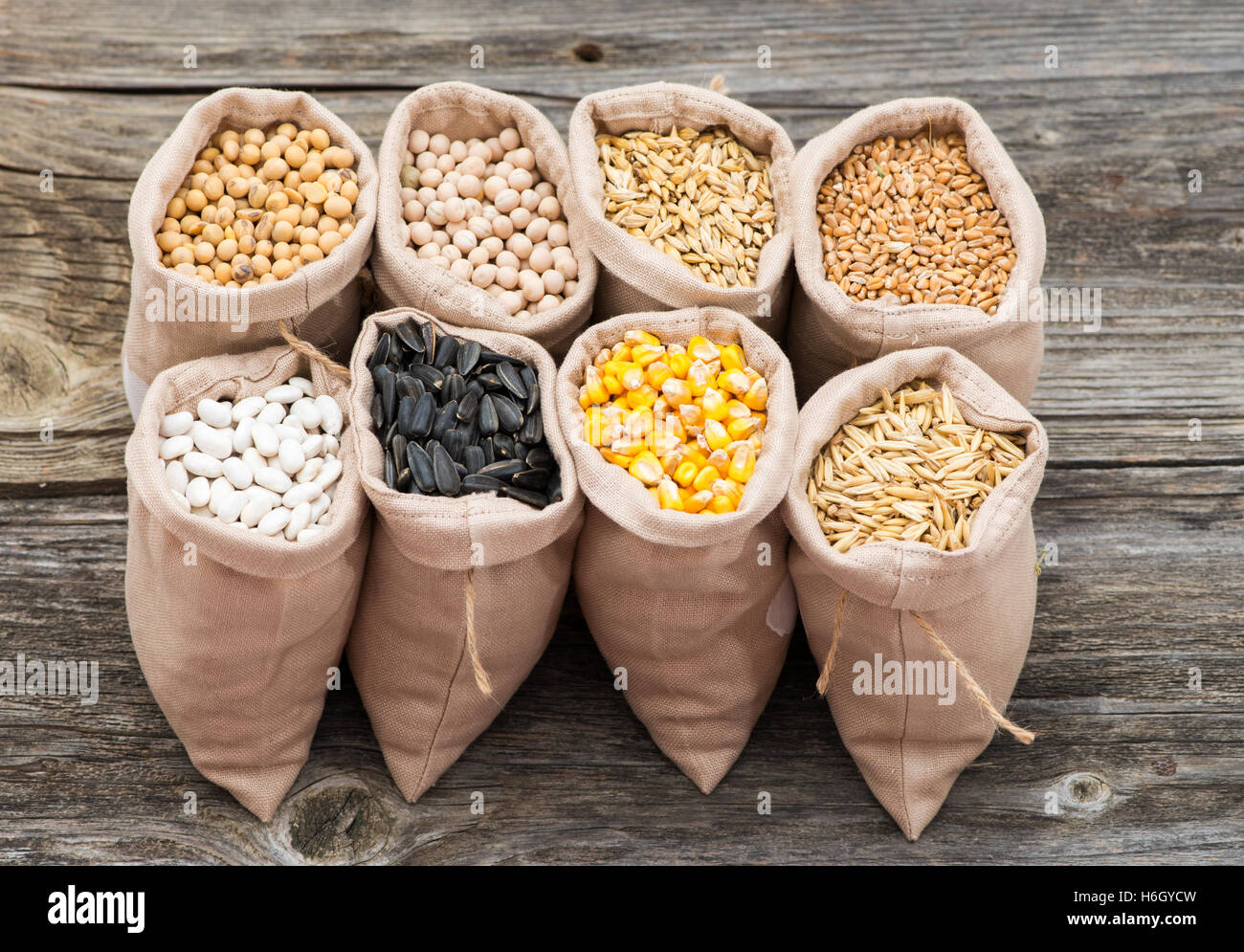 bags with cereal grains (oat, barley, wheat, corn, beans, peas, soy