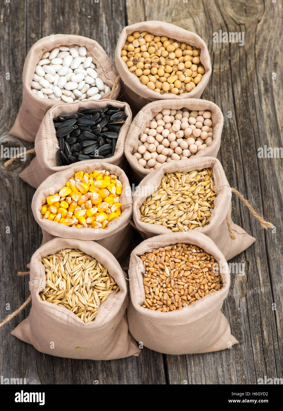 bags with cereal grains (oat, barley, wheat, corn, beans, peas, soy