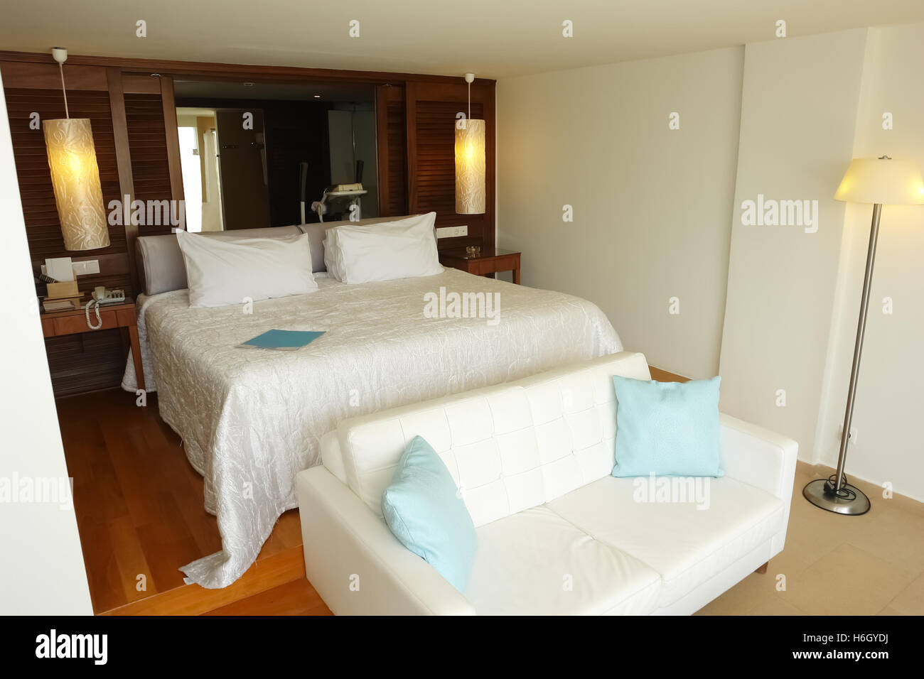 HERAKLION, CRETE, GREECE - MAY 13, 2014: Interior room with big bed and bath in modern building of luxury class hotel Stock Photo