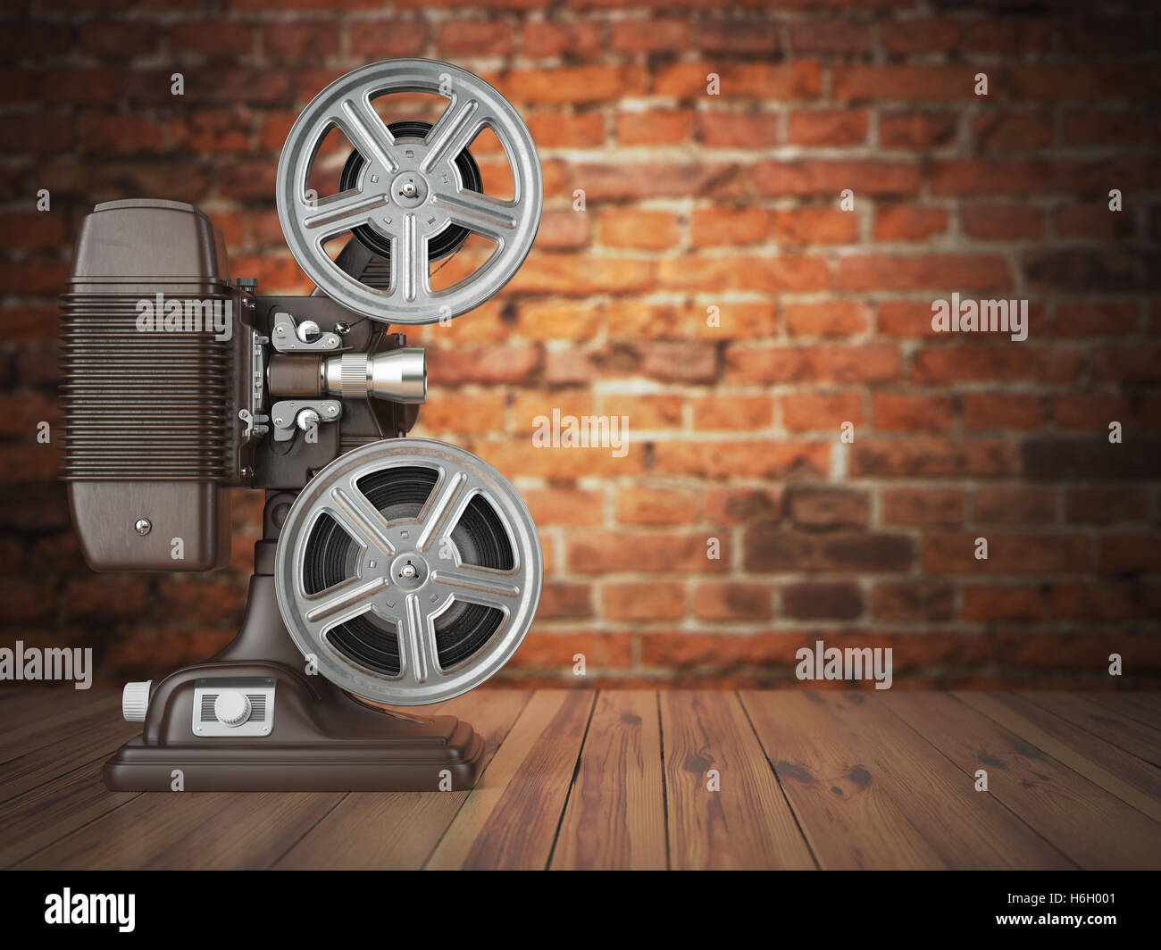 Vintage projector on the bricks background. Cinema, movie or video concept.  3d illustration Stock Photo - Alamy