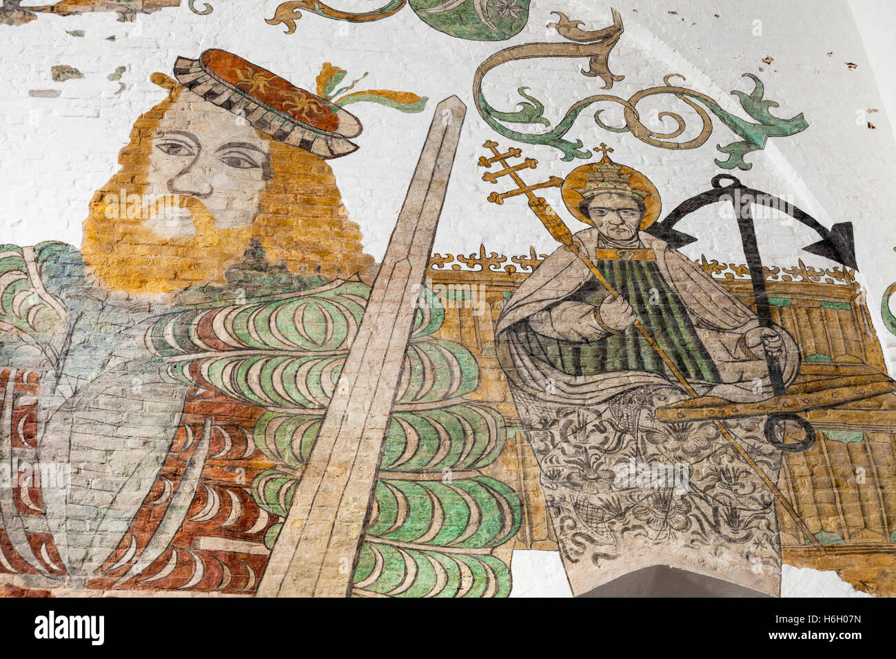 Wall painting of Saint Clemens, patron Saint of mariners, on right