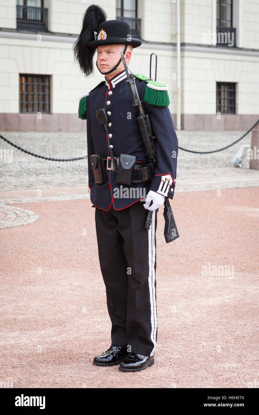 A soldier, one of the King’s guards, outside the Royal Palace, Oslo, Norway Stock Photo