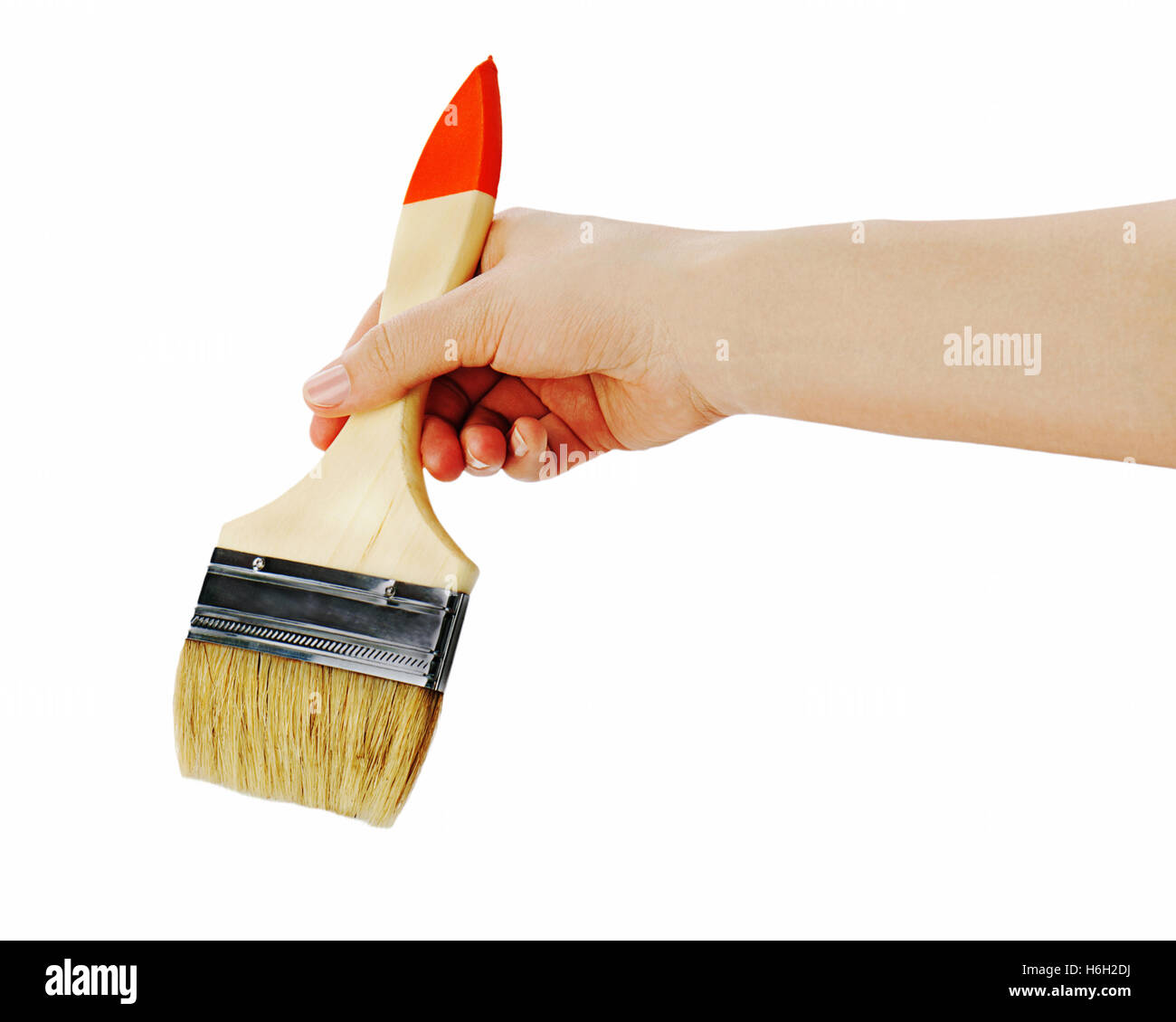 Female hand holding paint brush isolated on white background. Closeup. Stock Photo