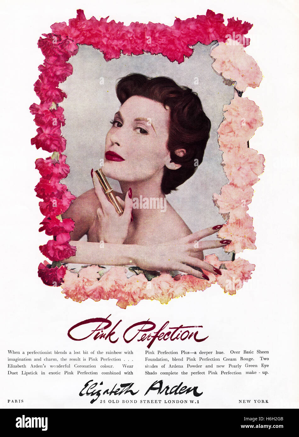 1950s advertising advert from original old vintage English magazine dated 1953 advertisement for Pink Perfection lipstick by Elizabeth Arden cosmetics Stock Photo