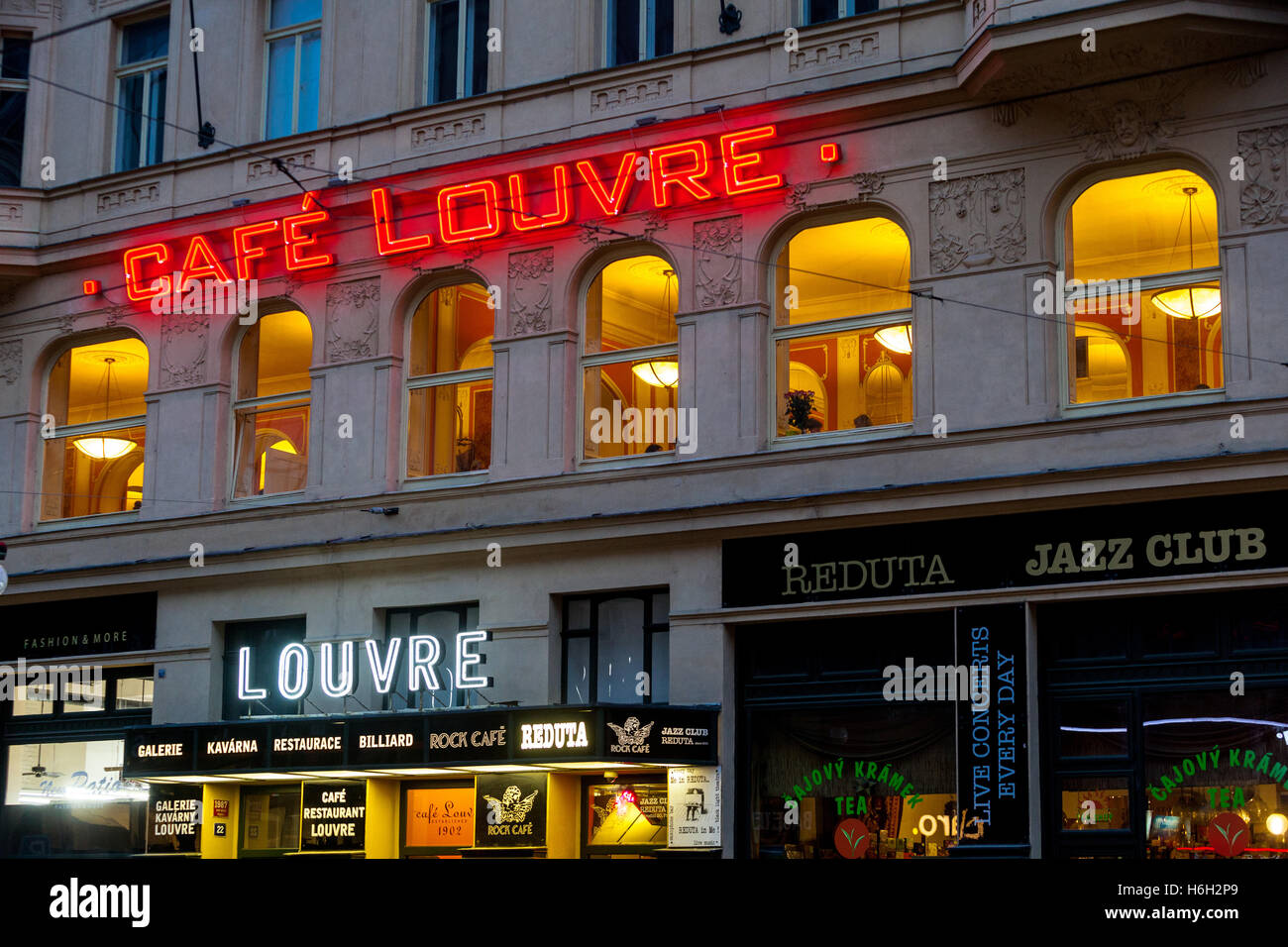 Cafe Louvre Prague lights on Narodni Trida street, Prague Cafe Louvre Czech Republic Stock Photo