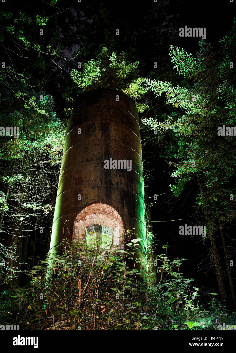 One of the limekilns lit by green lights in Limekiln State Park, Big Sur, California. Stock Photo