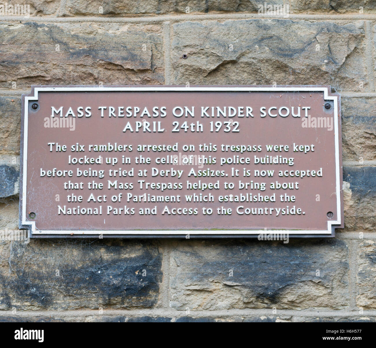 Mass Trespass on Kinder Scout ,sign on old police station New Mills, Derbyshire, England, UK Stock Photo