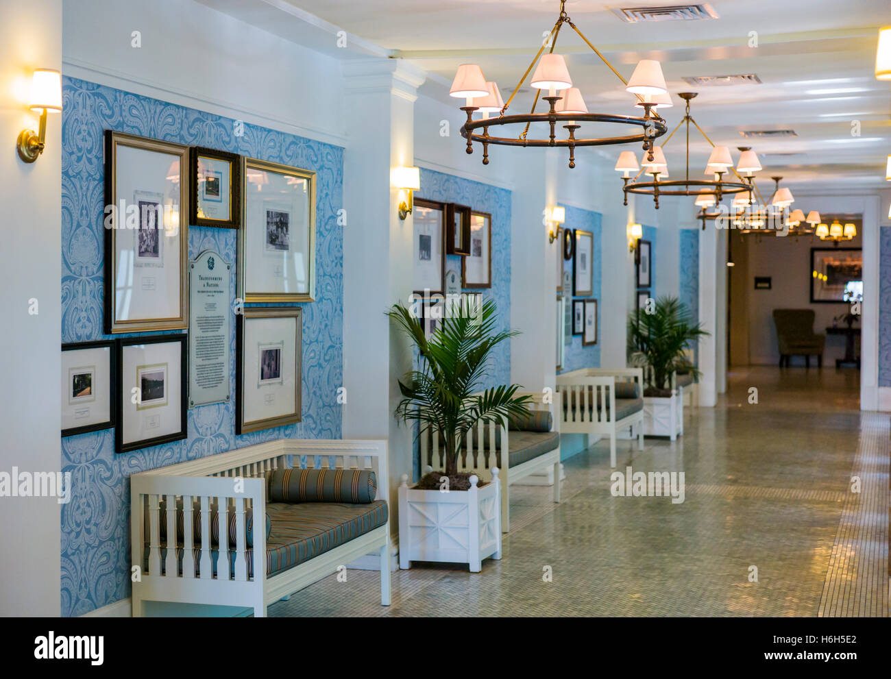 Interior view of hallway & historic artwork; Omni Bedford Springs Resort & Spa; Bedford; Pennsylvania; USA Stock Photo