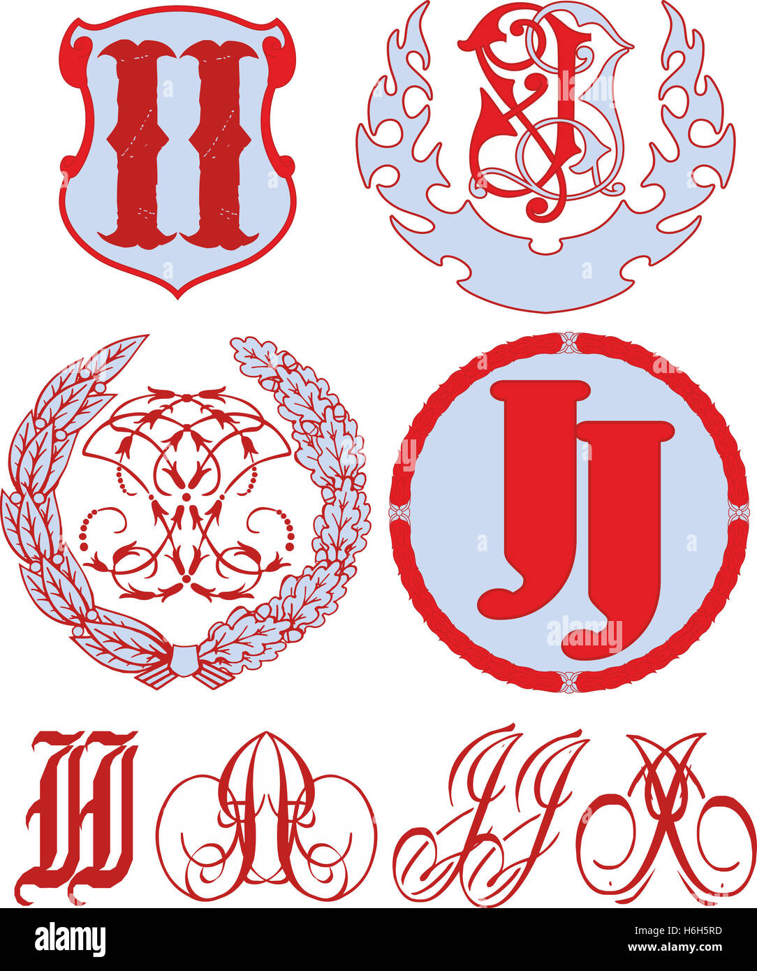 set of ii jj monograms and decorative emblem templates with two