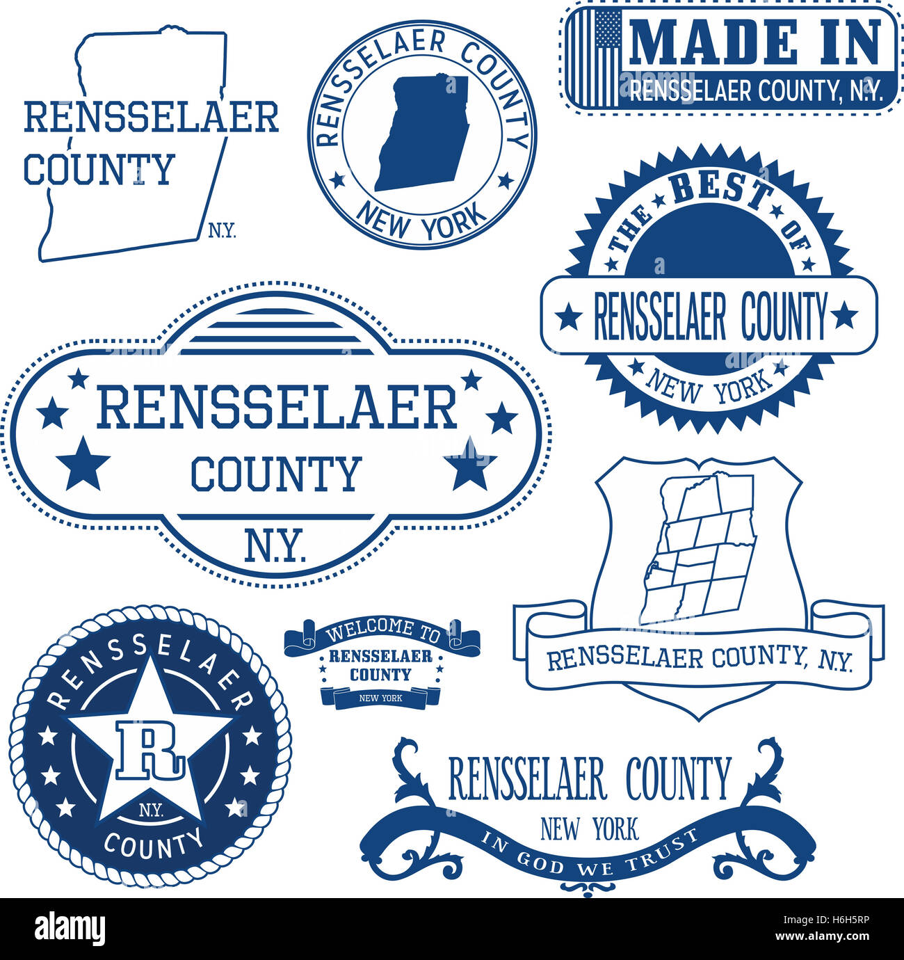 Rensselaer county, New York. Set of generic stamps and signs including Rensselaer county seal elements and outline county map. Stock Photo