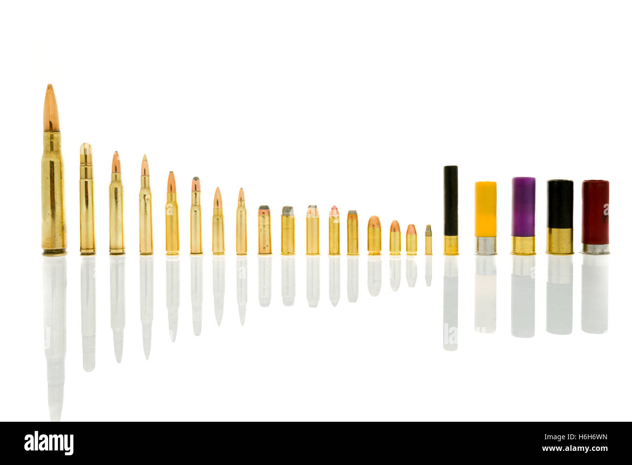 Containing rifle rounds including 50 cal and 5.56, handgun rounds 44 mag and 22 and shotgun rounds 410 and 20 gauge. Stock Photo