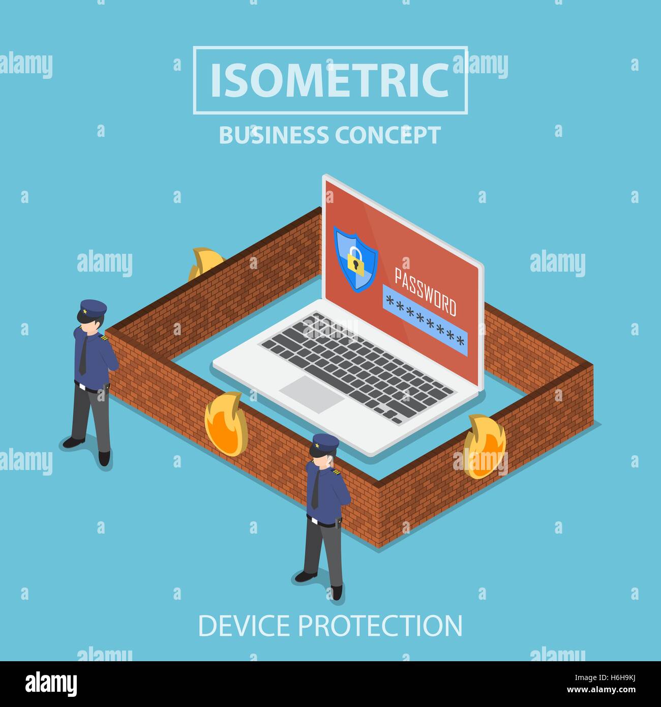 Isometric 3d flat laptop computer protected by firewall, guard and password security system, internet security and anti virus pr Stock Vector