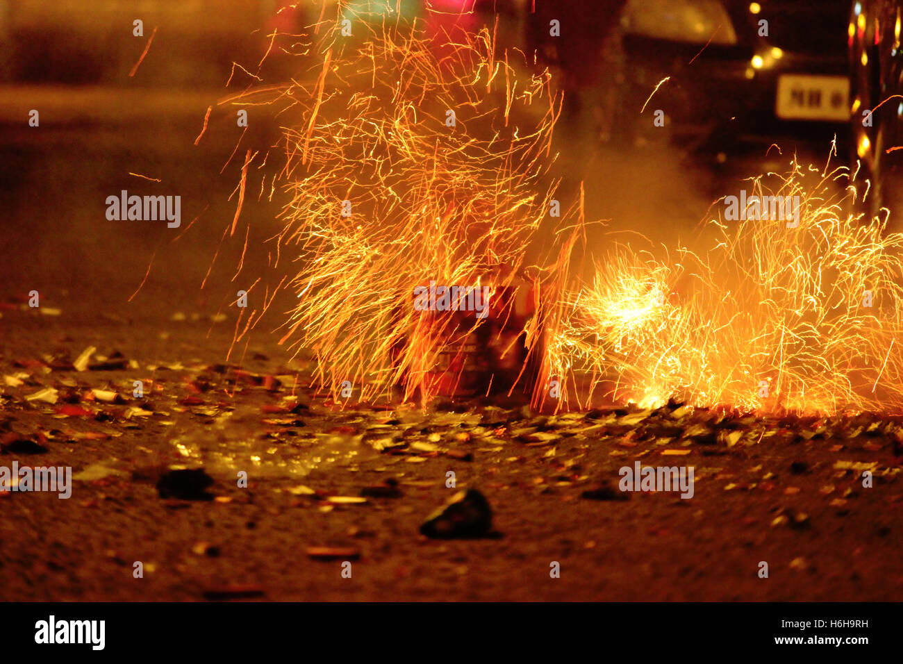 Fireworks or firecrackers during Diwali or Christmas festival Stock Photo