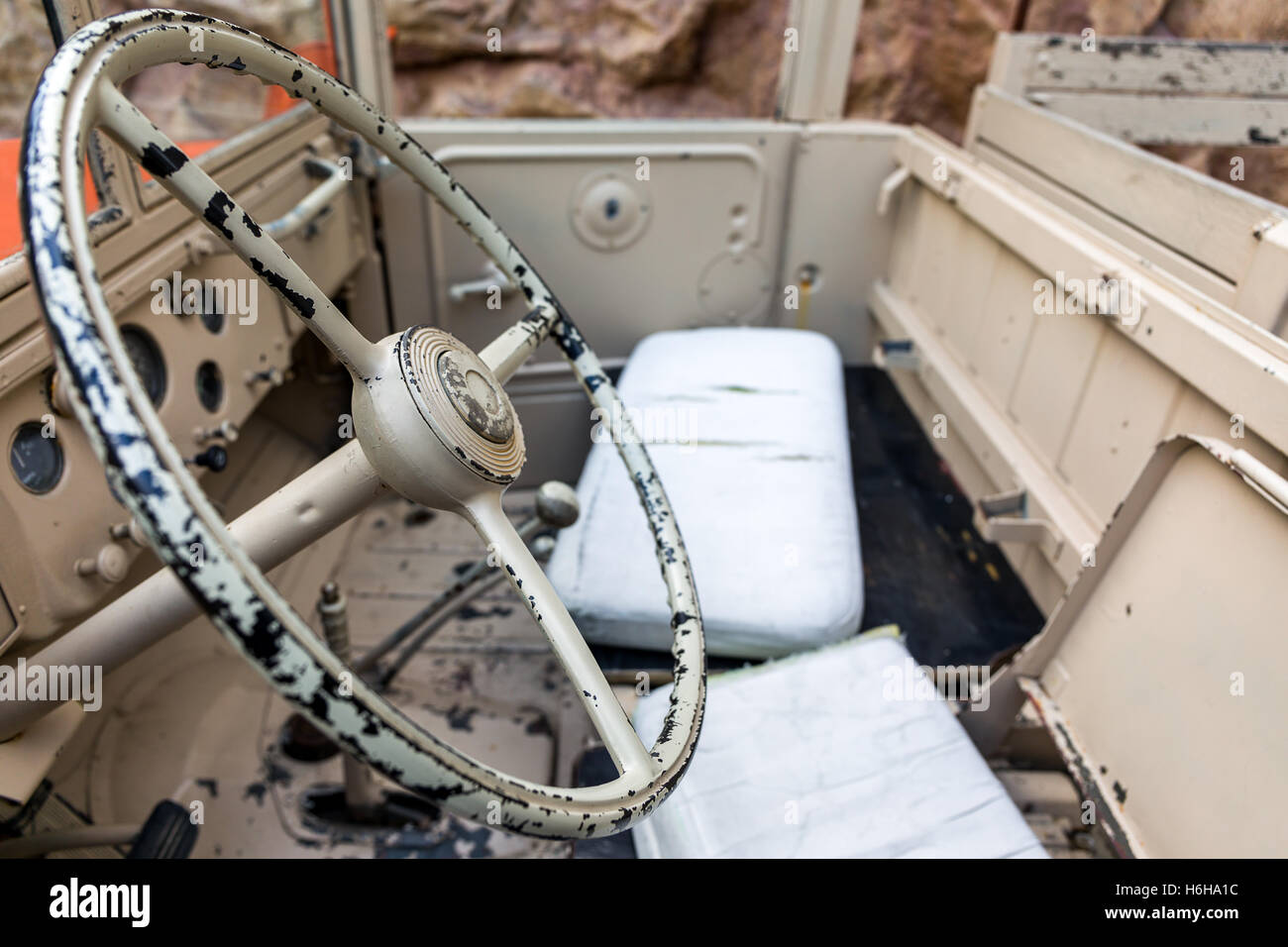 Interior of old and rusty military vehicle. Stock Photo
