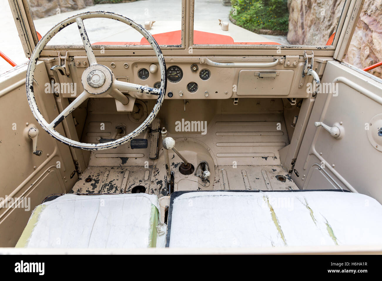 Interior of old and rusty military vehicle. Stock Photo