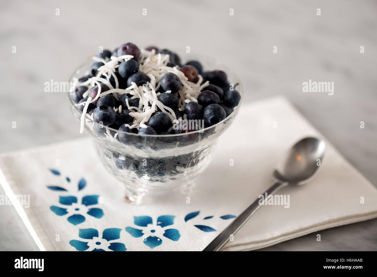 Blueberries with shredded coconut on white marble Stock Photo