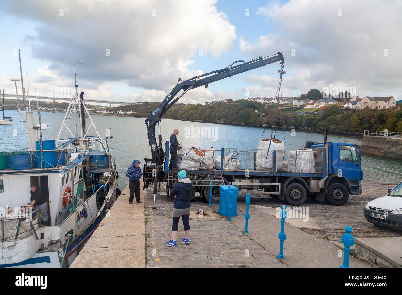 Fishing boat crew landing catch at Hobbs Point, Pembroke Dock, Wales